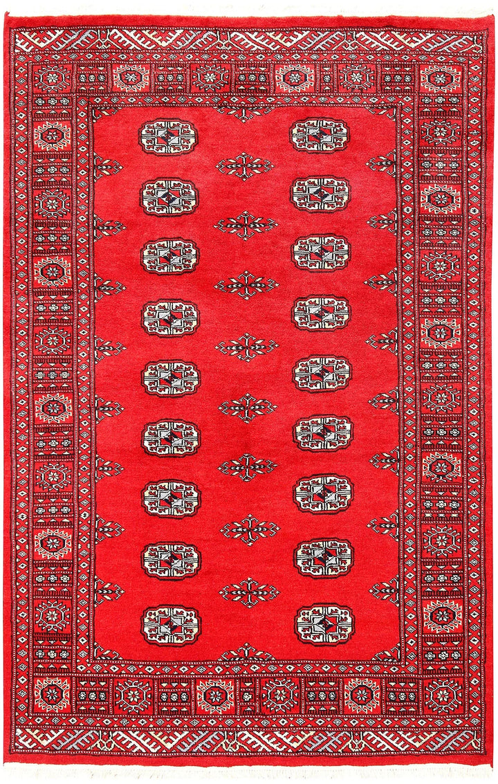 Red Pakistani Bokhara Rug 4' x 6' 2" Hand-Knotted | No. QA51218