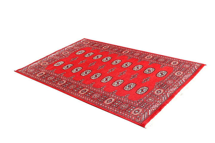 Red Pakistani Bokhara Rug 4' x 6' 2" Hand-Knotted | No. QA51218