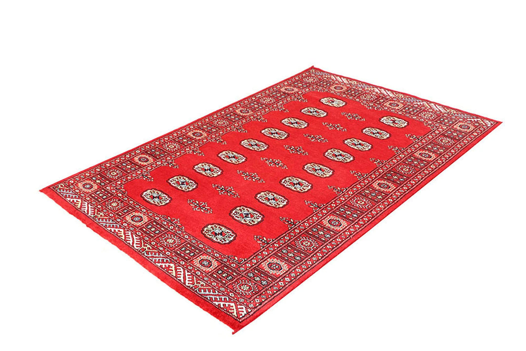 Red Pakistani Bokhara Rug 4' x 6' 2" Hand-Knotted | No. QA51218
