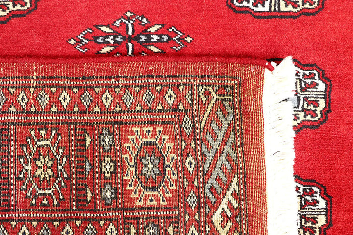 Red Pakistani Bokhara Rug 4' x 6' 2" Hand-Knotted | No. QA51218