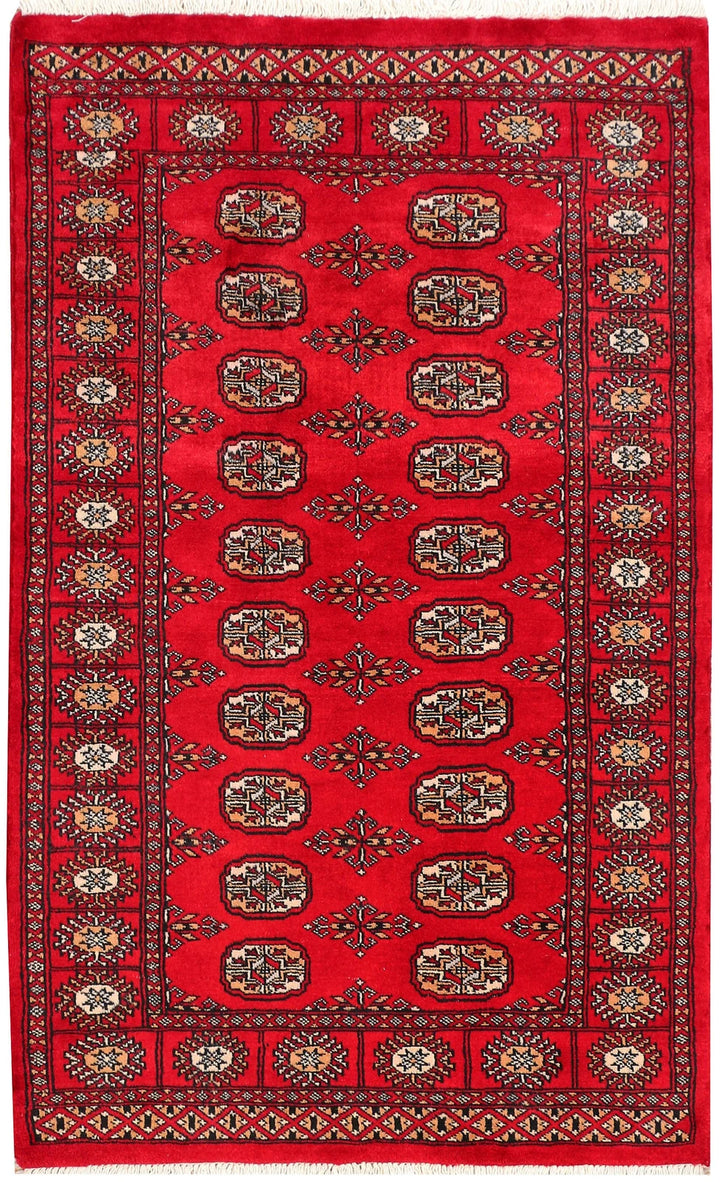 Dark Red Pakistani Bokhara Rug 3' 1" x 5' 1" Hand-Knotted | No. QA51625