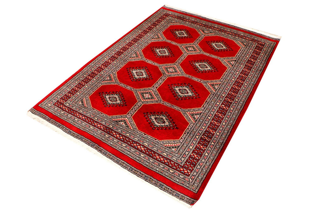 Red Pakistani Jaldar Rug 4' 2" x 5' 9" Hand-Knotted | No. QA53422