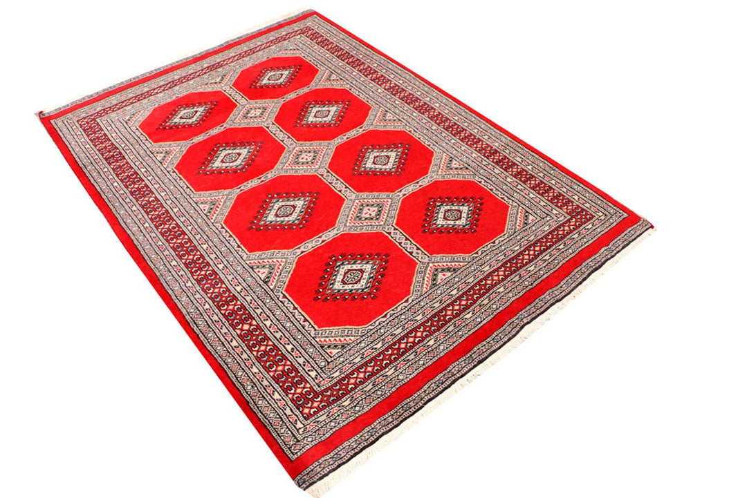 Red Pakistani Jaldar Rug 4' 2" x 5' 9" Hand-Knotted | No. QA53422