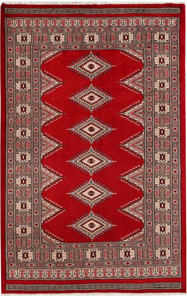 Dark Red Pakistani Jaldar Rug 3' 2" x 4' 11" Hand-Knotted | No. QA53576