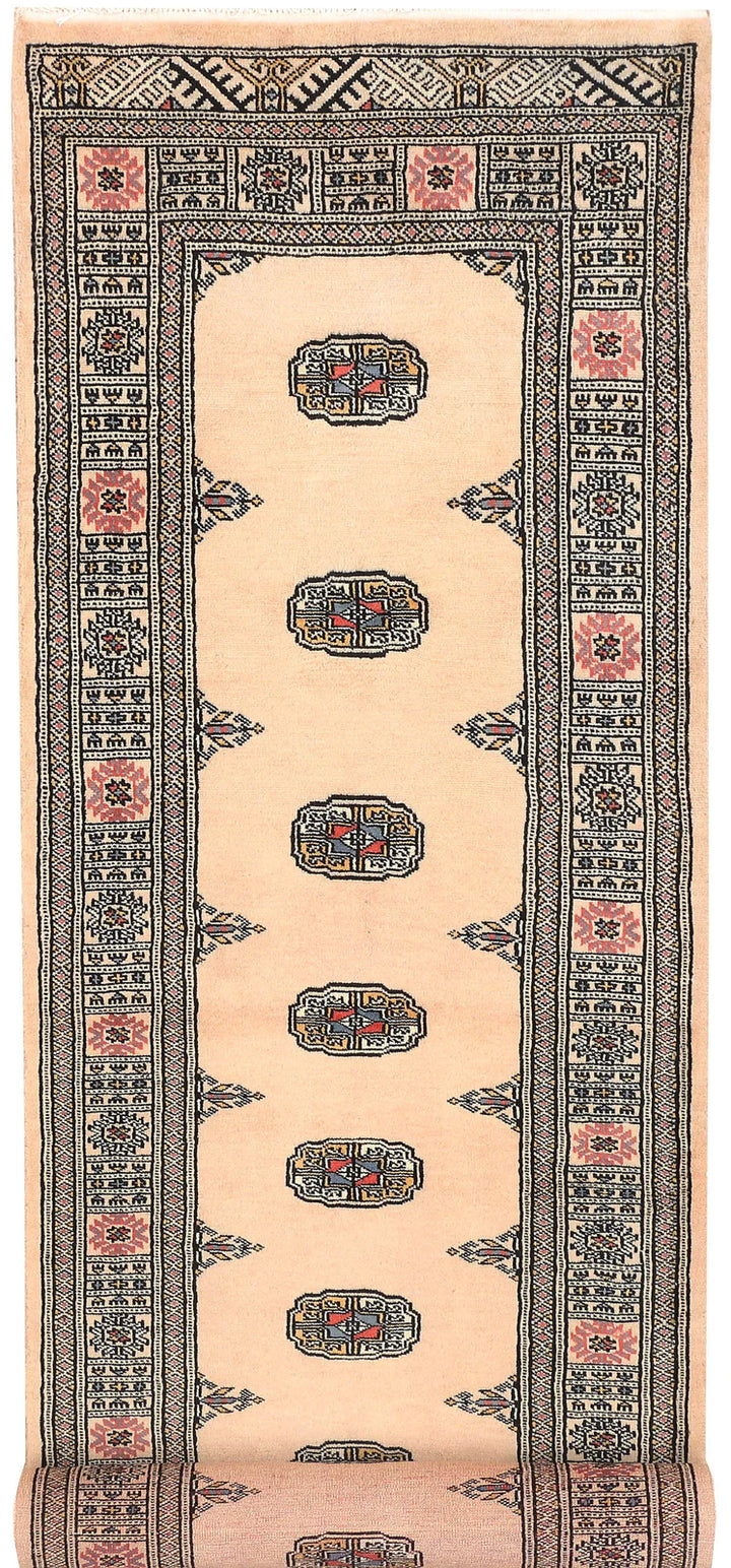 Antique White Pakistani Bokhara Rug 2' 7" x 10' 9" Hand-Knotted | No. QA54264