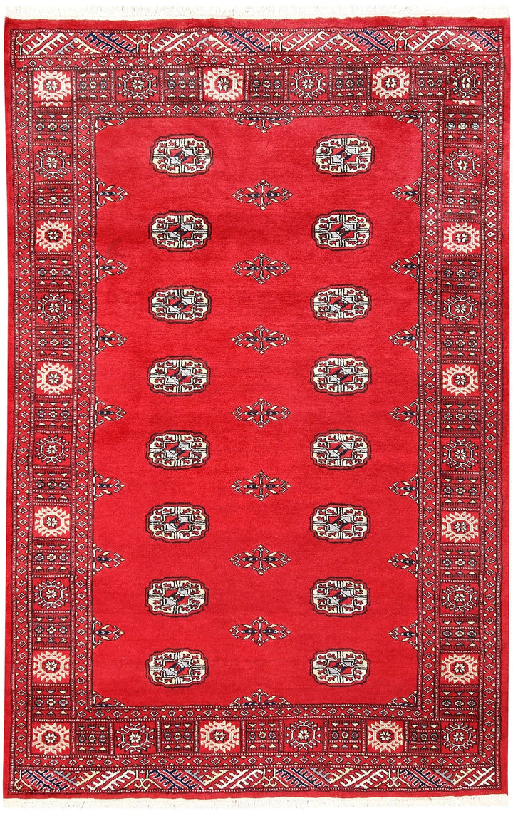 Red Pakistani Bokhara Rug 4' 2" x 6' 5" Hand-Knotted | No. QA54370