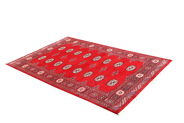 Red Pakistani Bokhara Rug 4' 2" x 6' 5" Hand-Knotted | No. QA54370