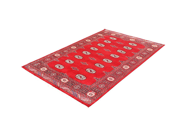 Red Pakistani Bokhara Rug 4' 2" x 6' 5" Hand-Knotted | No. QA54370