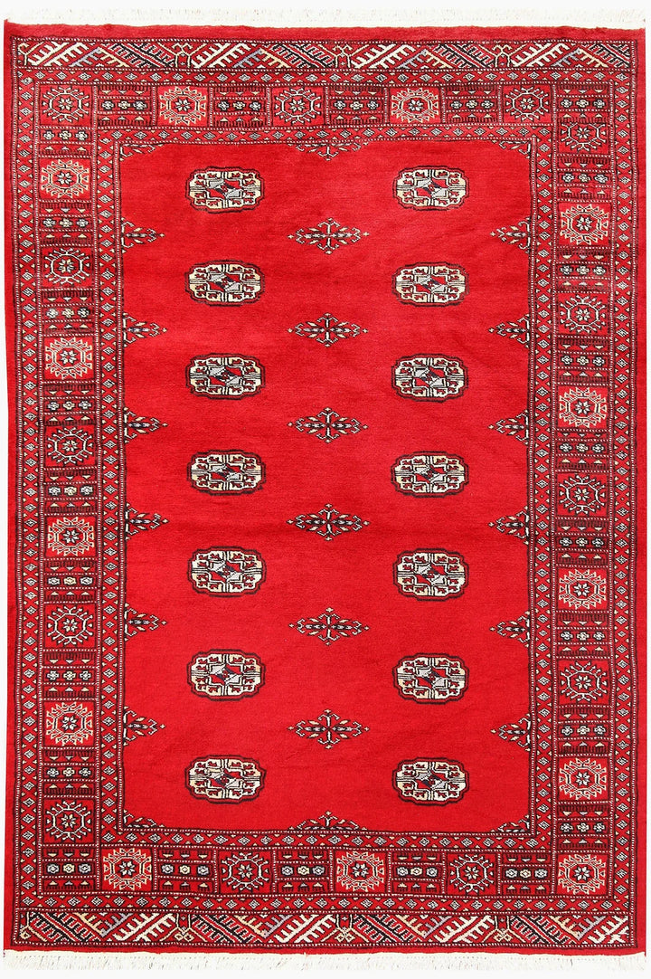 Red Pakistani Bokhara Rug 4' 1" x 6' Hand-Knotted | No. QA54978