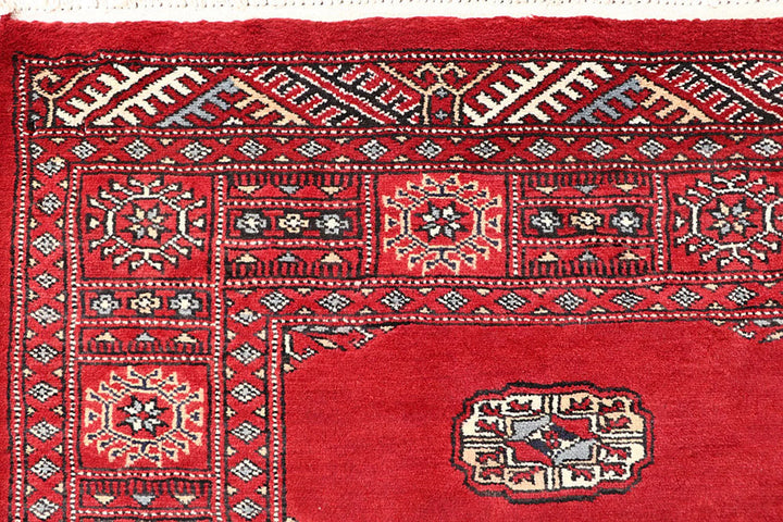 Red Pakistani Bokhara Rug 4' 1" x 6' Hand-Knotted | No. QA54978
