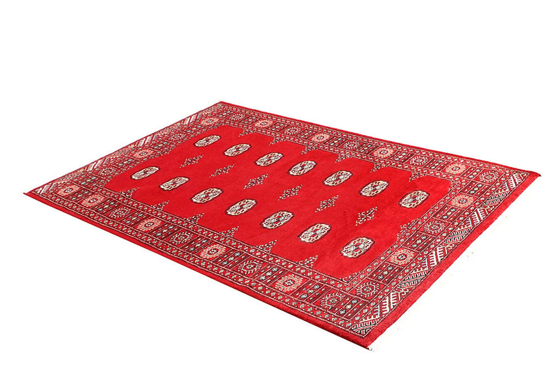 Red Pakistani Bokhara Rug 4' 1" x 6' Hand-Knotted | No. QA54978