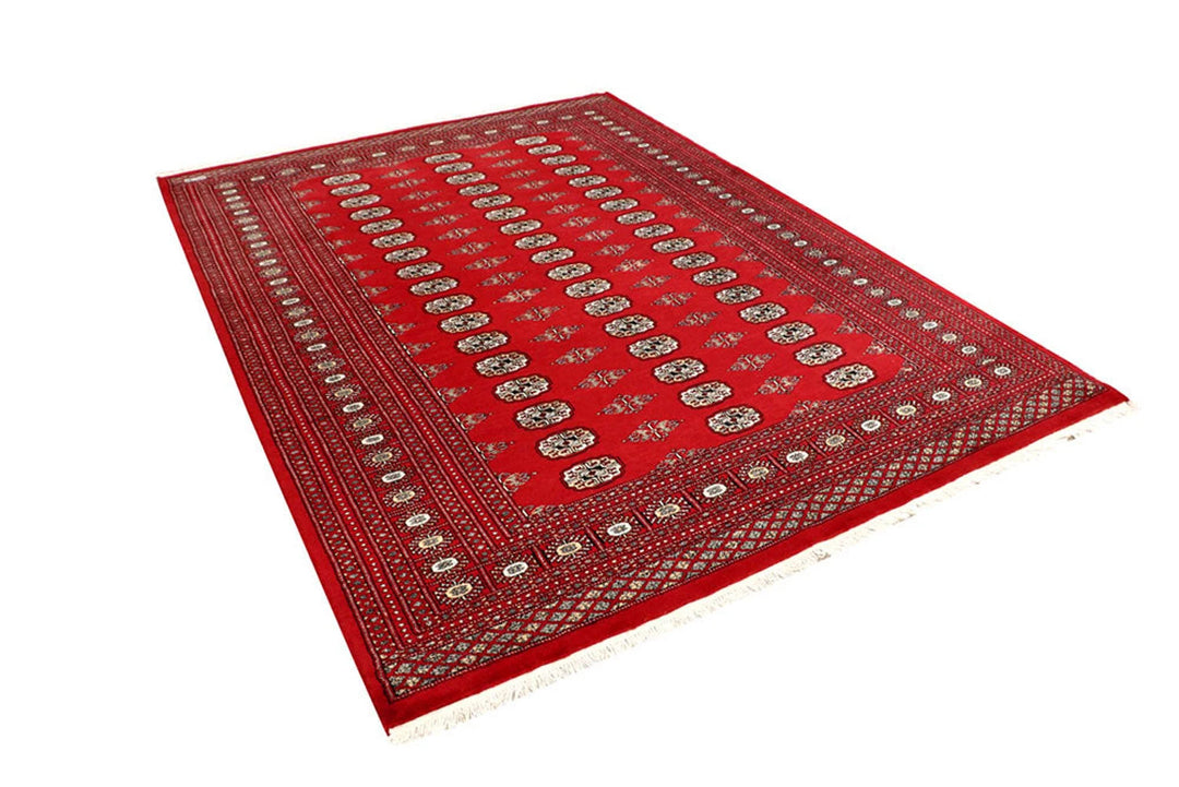 Red Pakistani Bokhara Rug 6' 2" x 8' 6" Hand-Knotted | No. QA55142