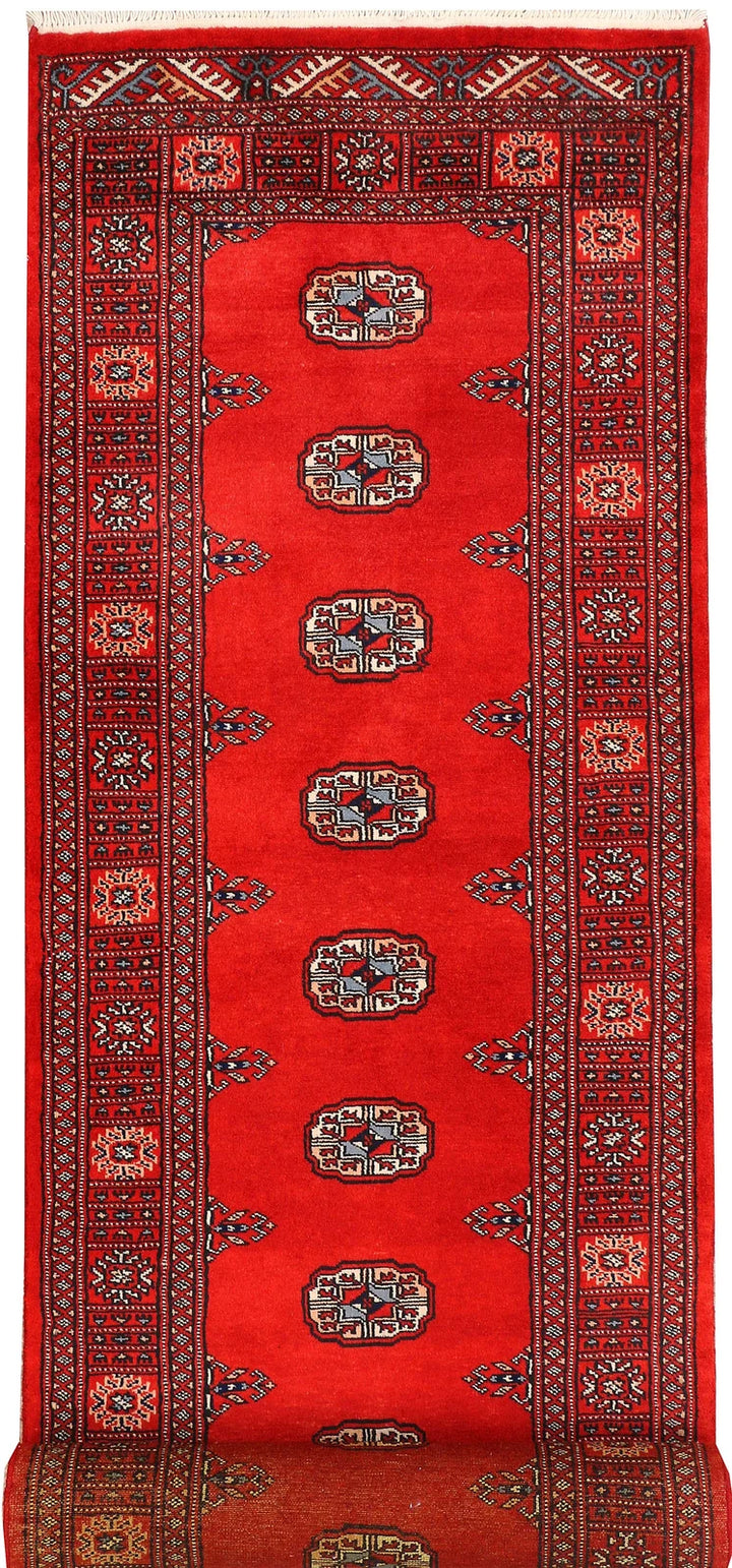 Red Pakistani Bokhara Rug 2' 7" x 11' 9" Hand-Knotted | No. QA55512