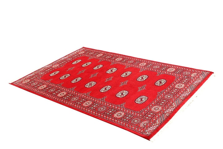 Red Pakistani Bokhara Rug 4' 1" x 6' 3" Hand-Knotted | No. QA55639