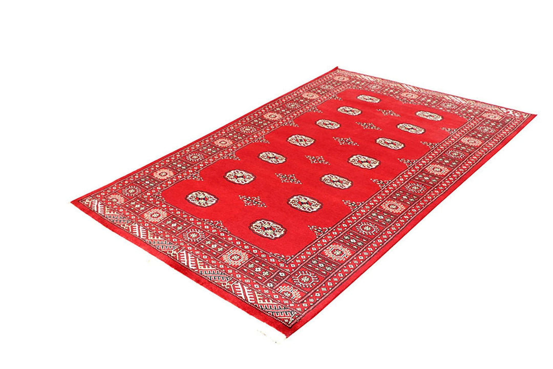 Red Pakistani Bokhara Rug 4' 1" x 6' 3" Hand-Knotted | No. QA55639