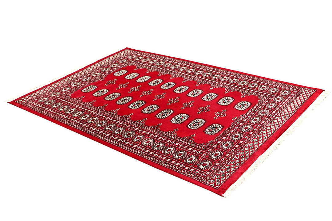 Red Pakistani Bokhara Rug 4' 5" x 6' 3" Hand-Knotted | No. QA56380