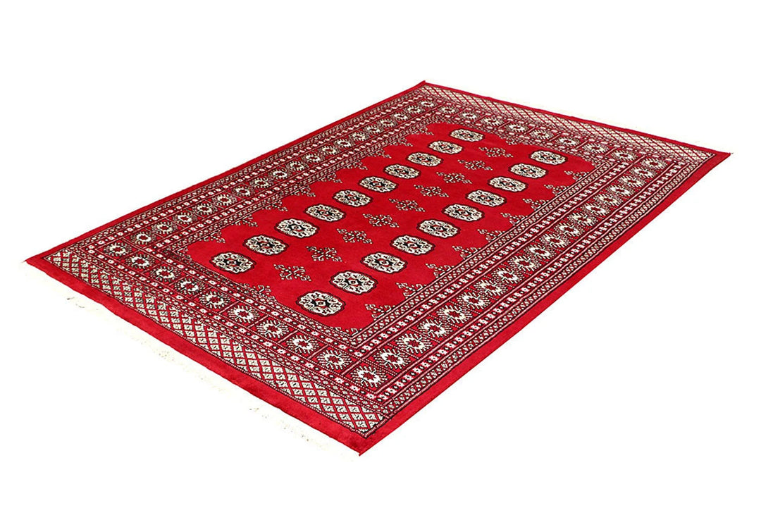 Red Pakistani Bokhara Rug 4' 5" x 6' 3" Hand-Knotted | No. QA56380