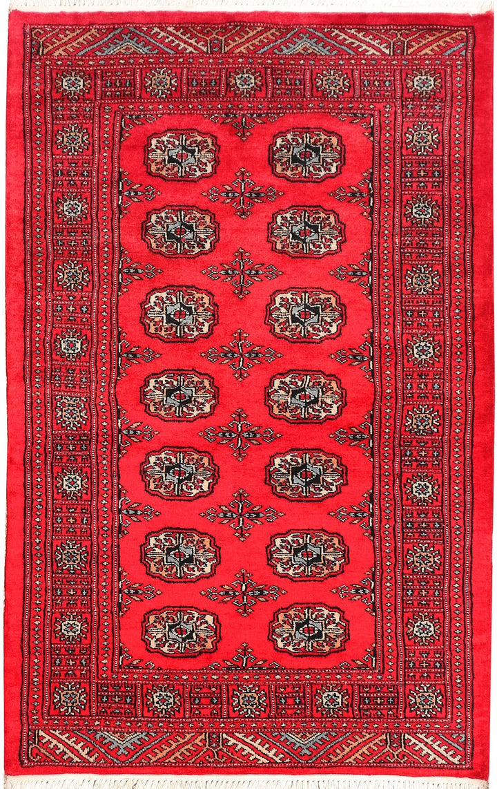 Red Pakistani Bokhara Rug 3' 2" x 4' 11" Hand-Knotted | No. QA56717