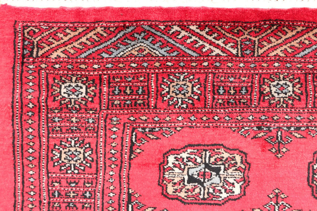 Red Pakistani Bokhara Rug 3' 2" x 4' 11" Hand-Knotted | No. QA56717