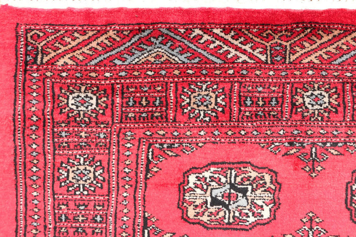 Red Pakistani Bokhara Rug 3' 2" x 4' 11" Hand-Knotted | No. QA56717
