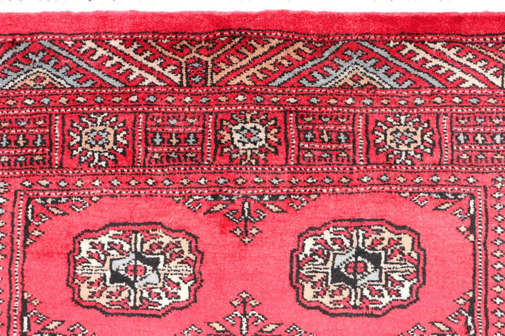 Red Pakistani Bokhara Rug 3' 2" x 4' 11" Hand-Knotted | No. QA56717