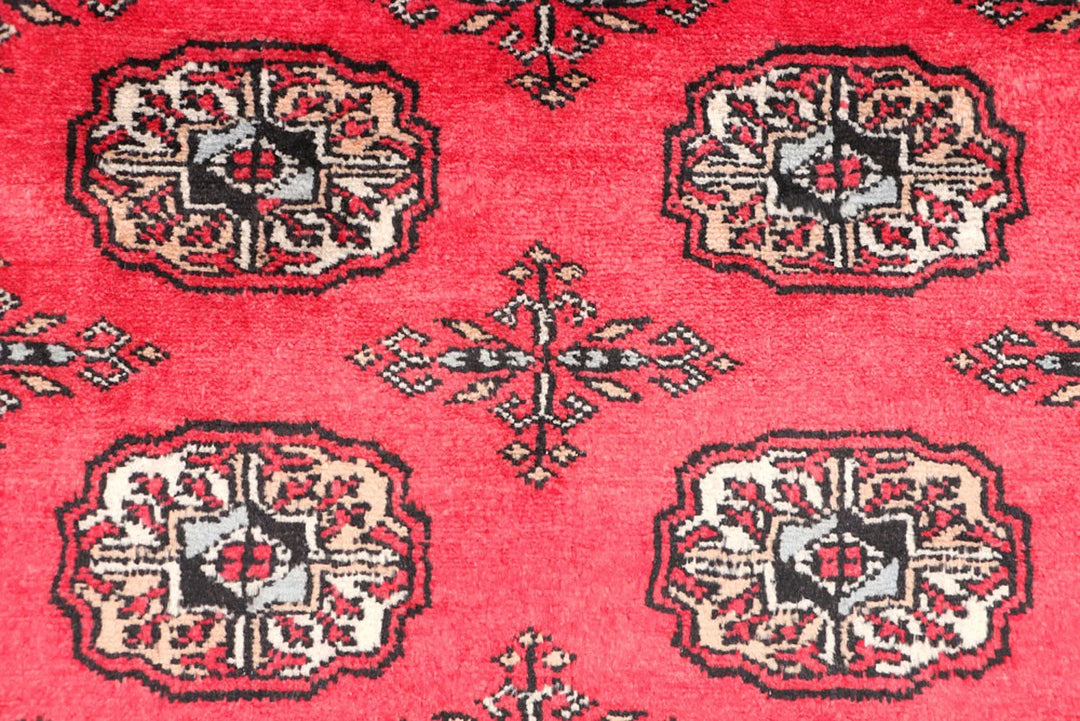 Red Pakistani Bokhara Rug 3' 2" x 4' 11" Hand-Knotted | No. QA56717