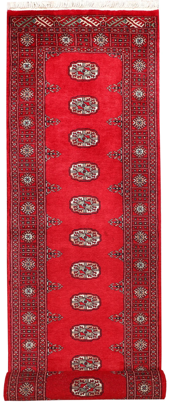 Red Pakistani Bokhara Rug 2' 6" x 10' 3" Hand-Knotted | No. QA56773