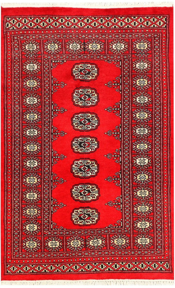 Red Pakistani Bokhara Rug 3' x 4'8" Hand-Knotted | No. QA57107