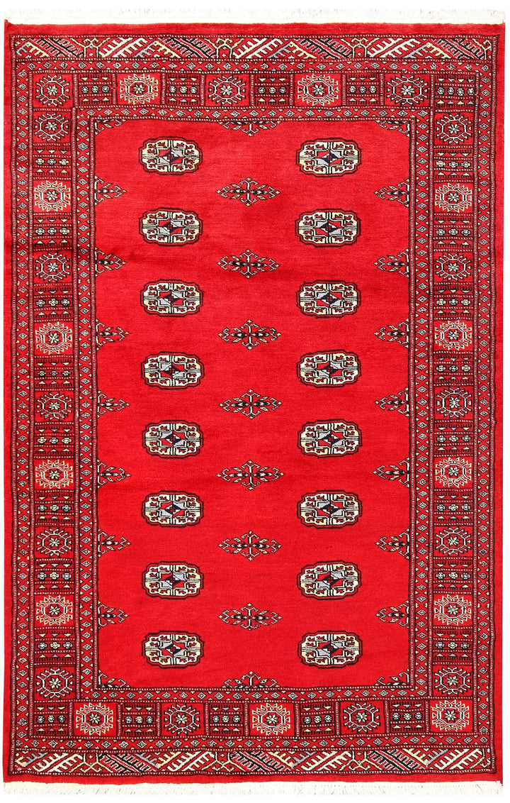 Red Pakistani Bokhara Rug 4' x 6'1" Hand-Knotted | No. QA57233