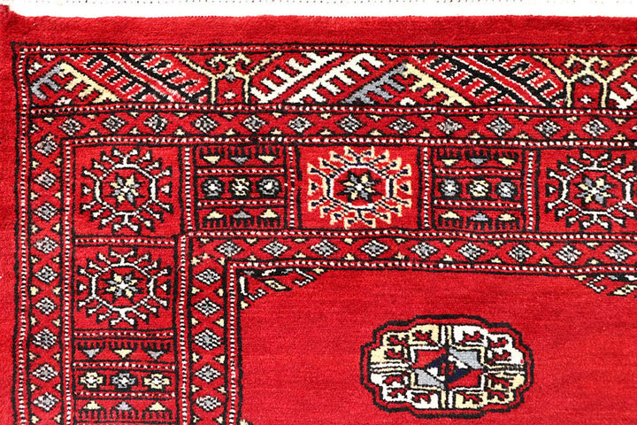 Red Pakistani Bokhara Rug 4' x 6'1" Hand-Knotted | No. QA57233