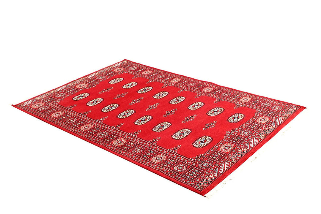 Red Pakistani Bokhara Rug 4' x 6'1" Hand-Knotted | No. QA57233