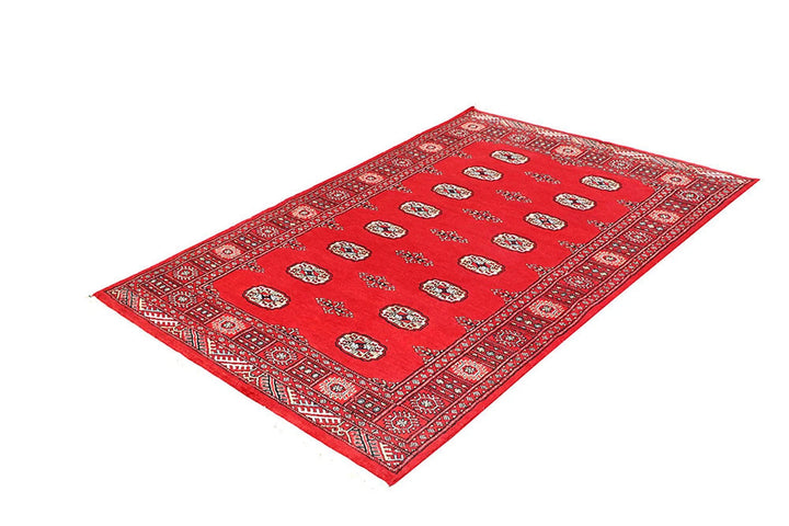 Red Pakistani Bokhara Rug 4' x 6'1" Hand-Knotted | No. QA57233