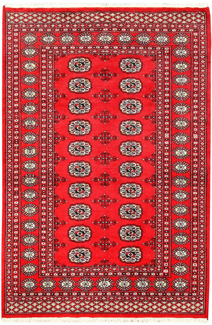 Red Pakistani Bokhara Rug 4' 1" x 6' 1" Hand-Knotted | No. QA57842