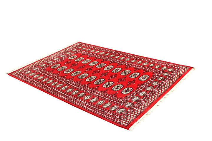 Red Pakistani Bokhara Rug 4' 1" x 6' 1" Hand-Knotted | No. QA57842