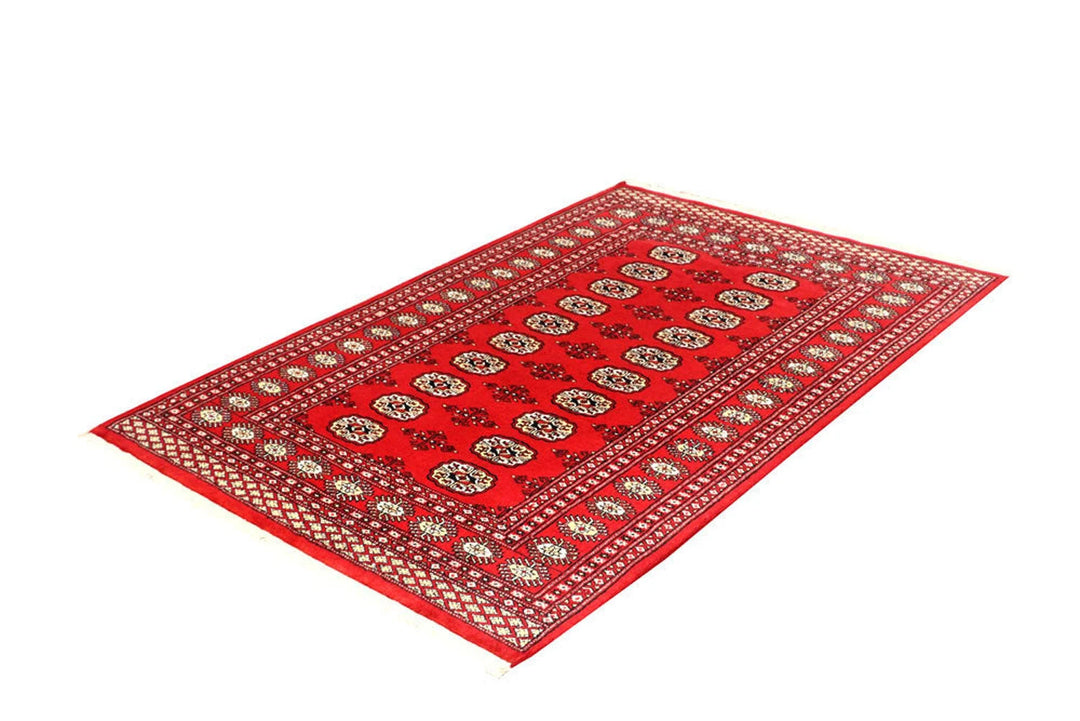 Red Pakistani Bokhara Rug 4' 1" x 6' 1" Hand-Knotted | No. QA57842