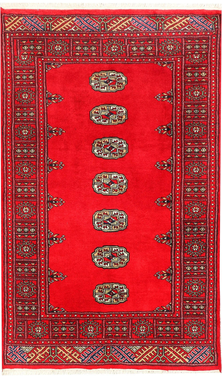 Red Pakistani Bokhara Rug 3' 1" x 4' 11" Hand-Knotted | No. QA58808