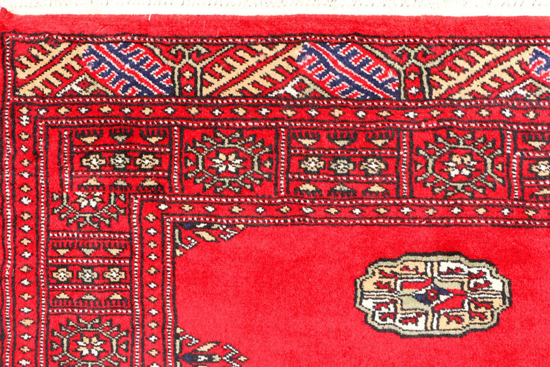Red Pakistani Bokhara Rug 3' 1" x 4' 11" Hand-Knotted | No. QA58808