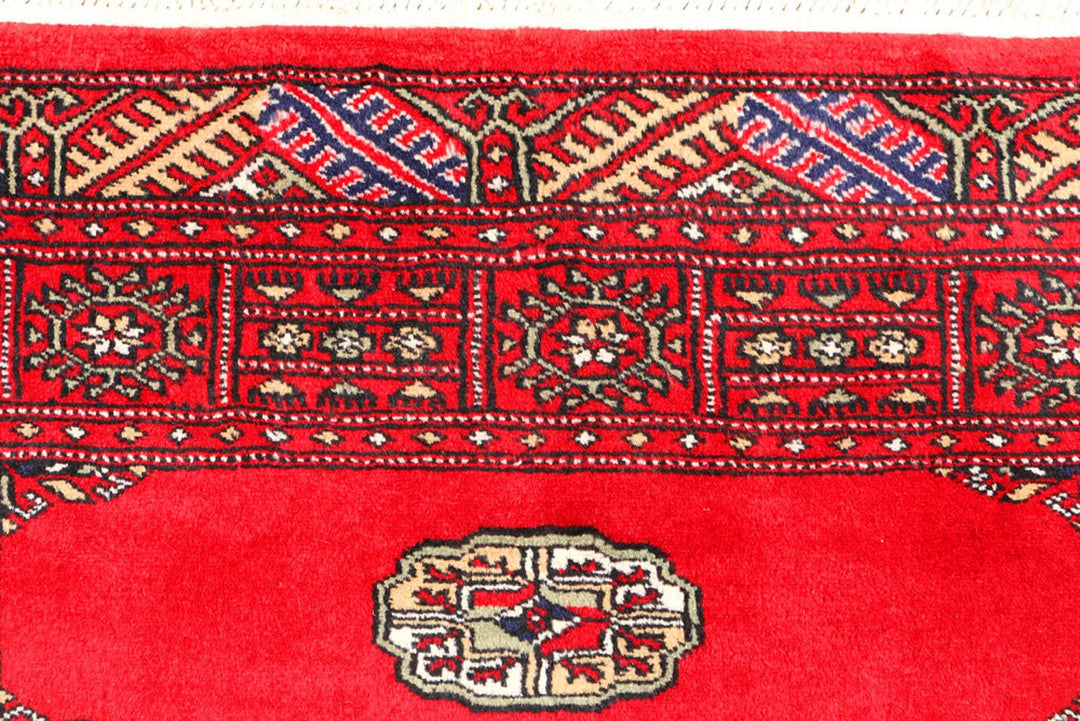 Red Pakistani Bokhara Rug 3' 1" x 4' 11" Hand-Knotted | No. QA58808