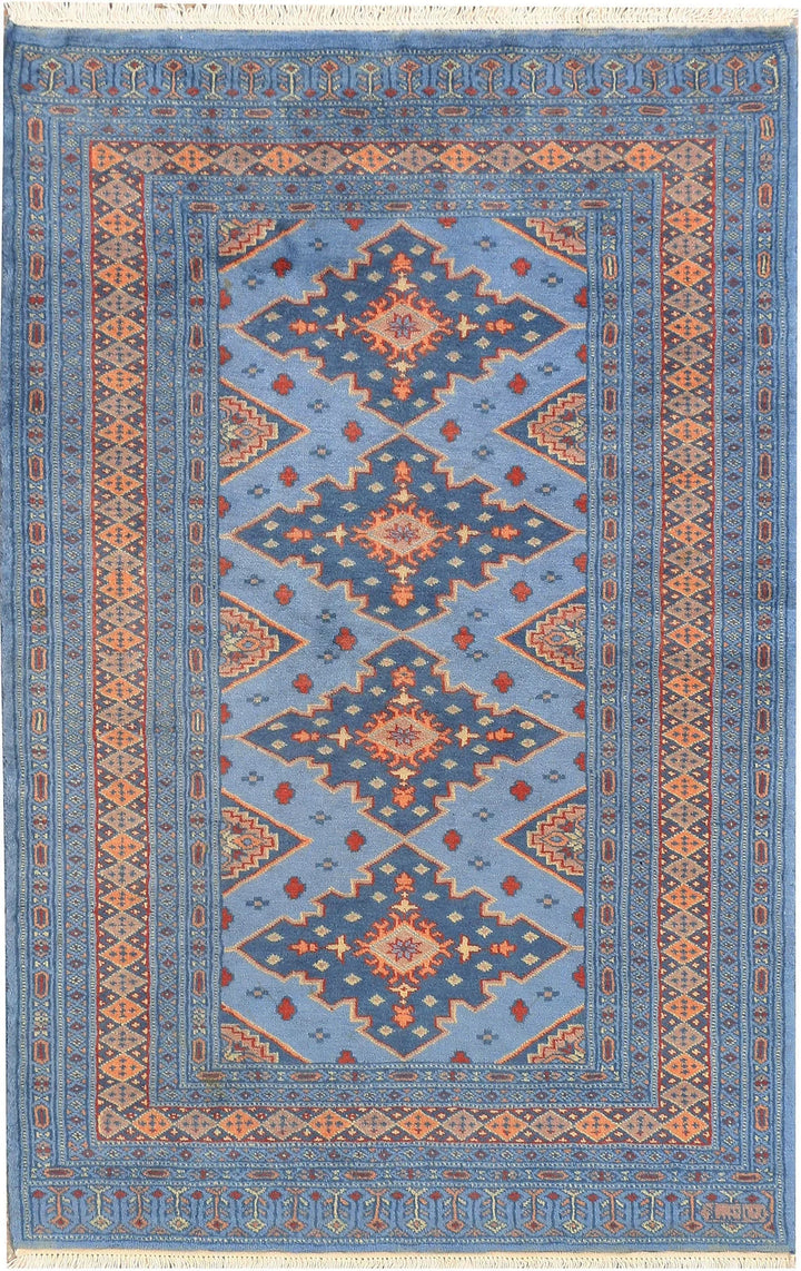Light Steel Blue Pakistani Jaldar Rug 3' 1" x 4' 10" Hand-Knotted | No. QA58909