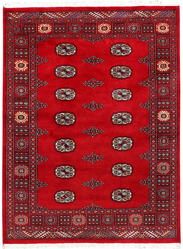 Firebrick Red Pakistani Bokhara Rug 4' 1" x 5' 4" Hand-Knotted | No. QA58926