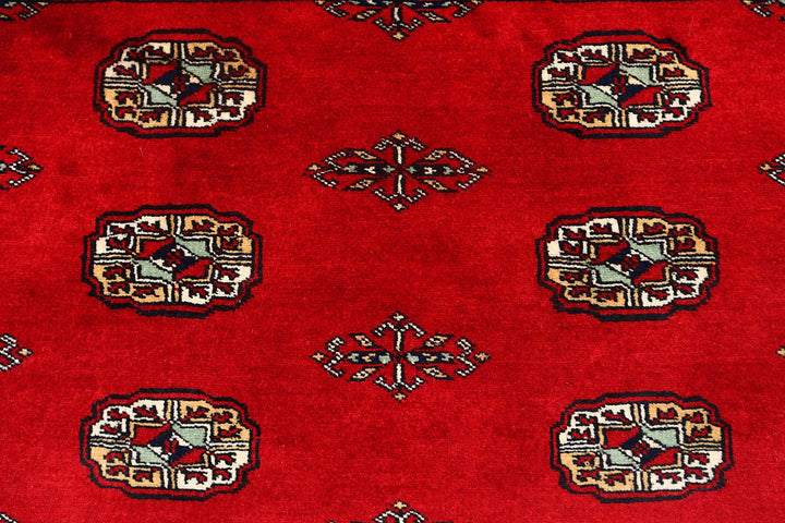 Firebrick Red Pakistani Bokhara Rug 4' 1" x 5' 4" Hand-Knotted | No. QA58926