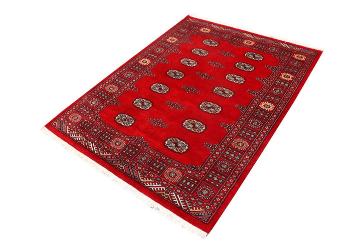 Firebrick Red Pakistani Bokhara Rug 4' 1" x 5' 4" Hand-Knotted | No. QA58926