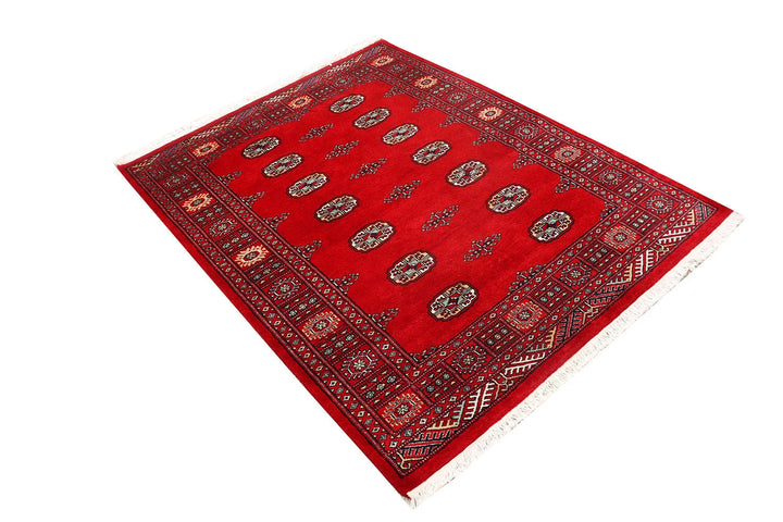 Firebrick Red Pakistani Bokhara Rug 4' 1" x 5' 4" Hand-Knotted | No. QA58926