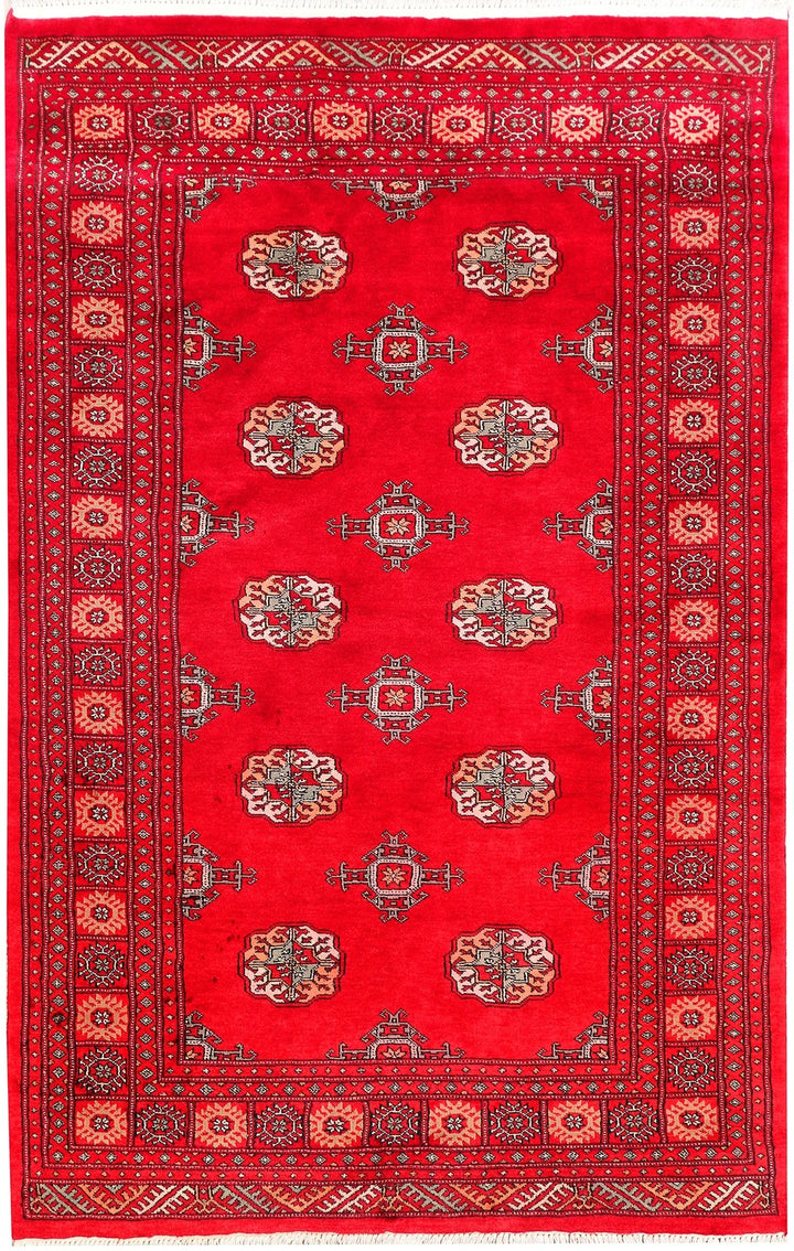Red Pakistani Bokhara Rug 4' 6" x 7' 3" Hand-Knotted | No. QA59015