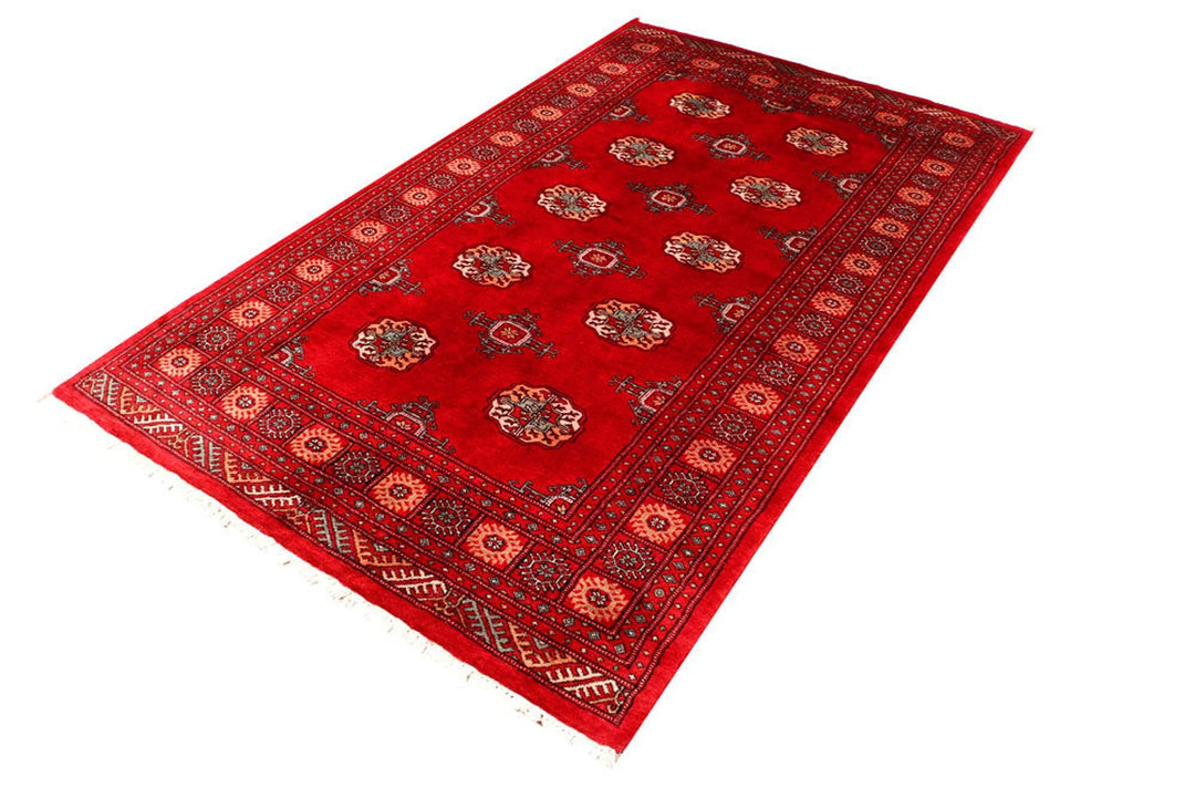 Red Pakistani Bokhara Rug 4' 6" x 7' 3" Hand-Knotted | No. QA59015
