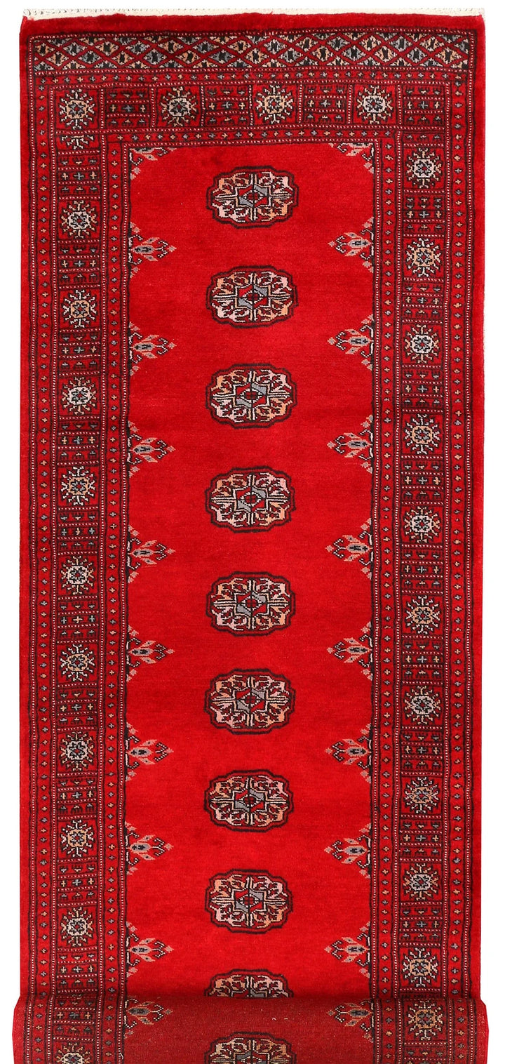Red Pakistani Bokhara Rug 2' 7" x 8' 11" Hand-Knotted | No. QA59573
