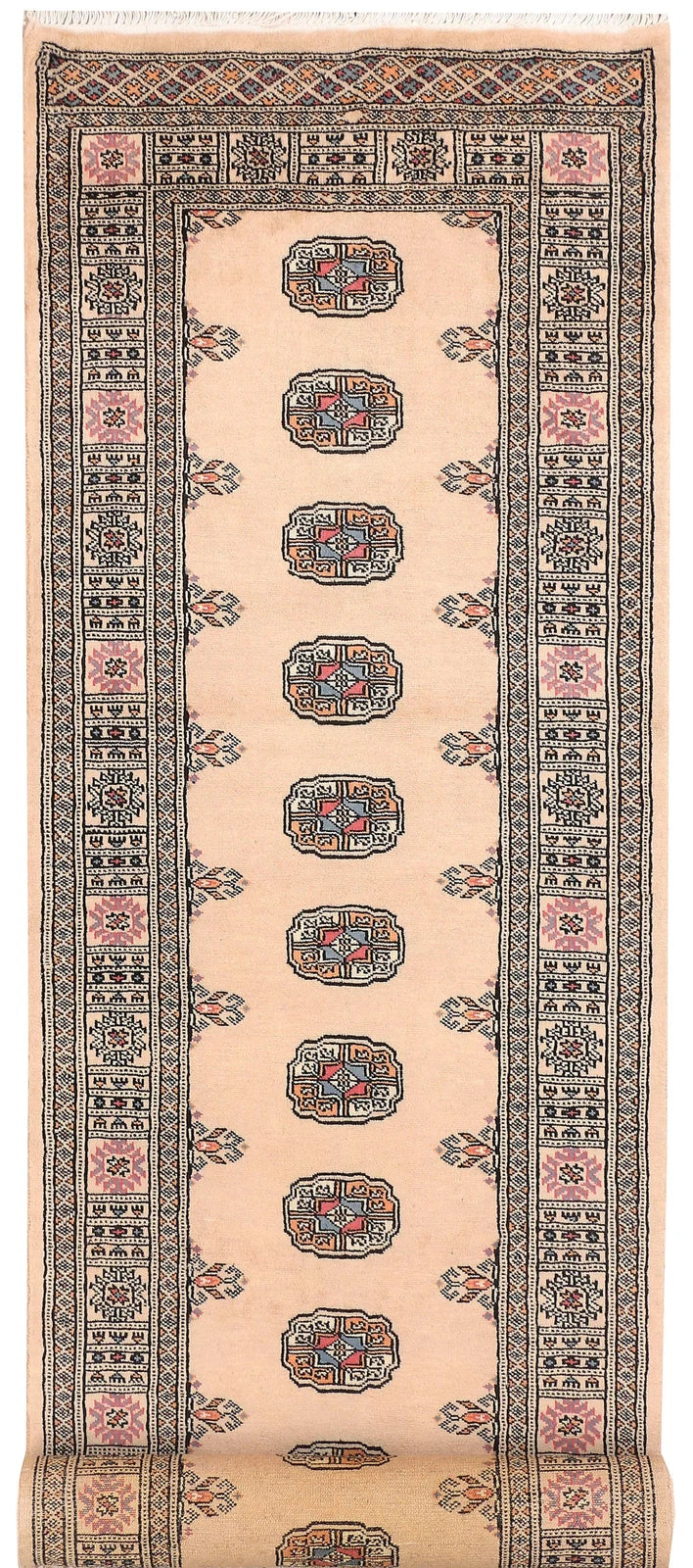 Antique White Pakistani Bokhara Rug 2' 7" x 10' 8" Hand-Knotted | No. QA60222