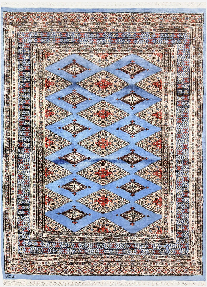 Light Sky Blue Pakistani Jaldar Rug 4' x 5'3" Hand-Knotted | No. QA60529