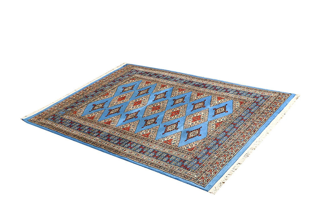 Light Sky Blue Pakistani Jaldar Rug 4' x 5'3" Hand-Knotted | No. QA60529