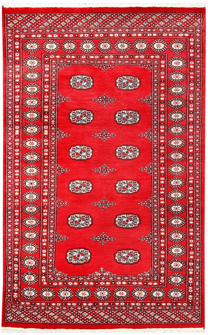 Red Pakistani Bokhara Rug 4' 2" x 6' 6" Hand-Knotted | No. QA61172